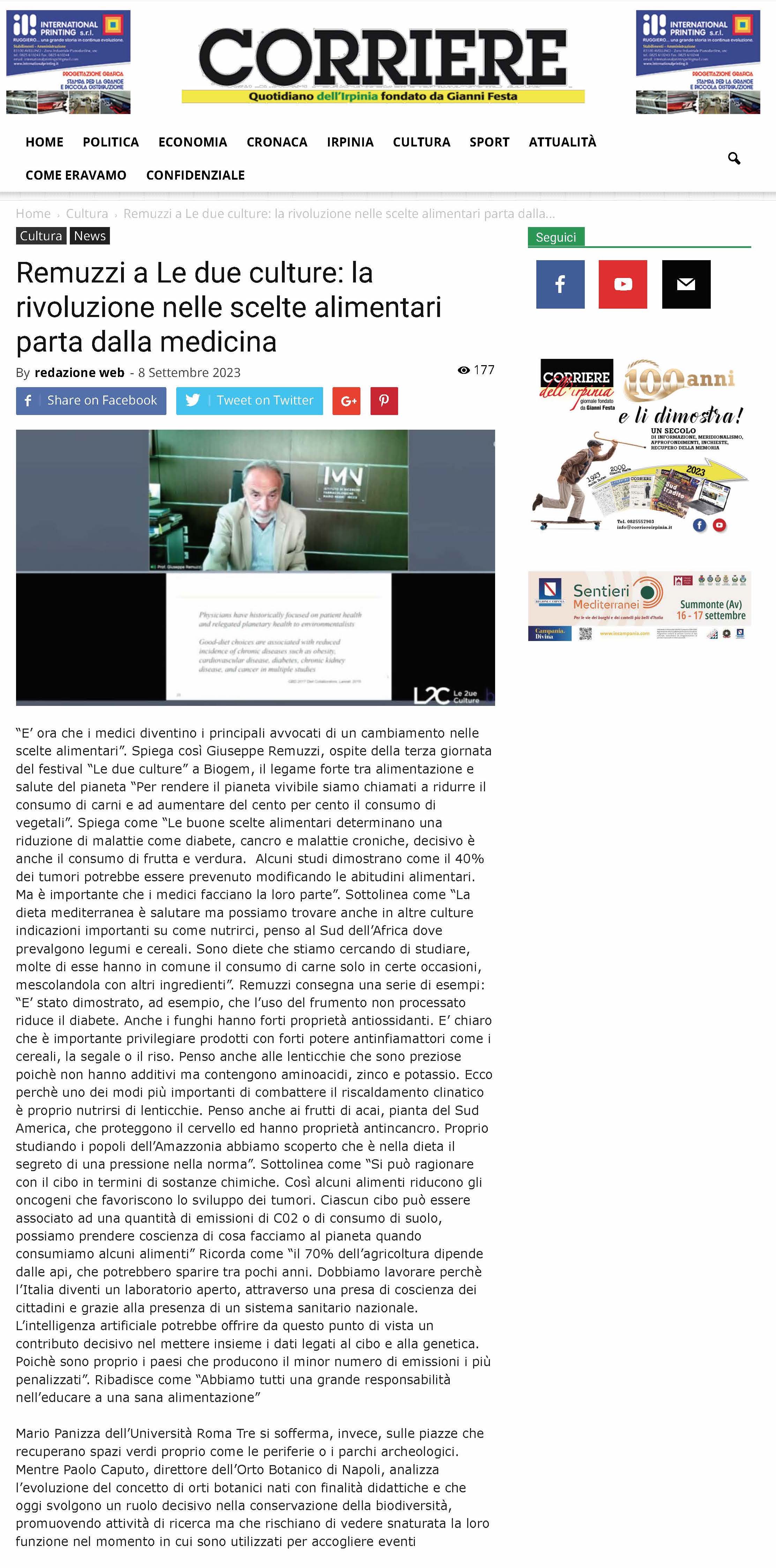 Remuzzi a Le due culture: la rivoluzione nelle scelte alimentari parta dalla medicina